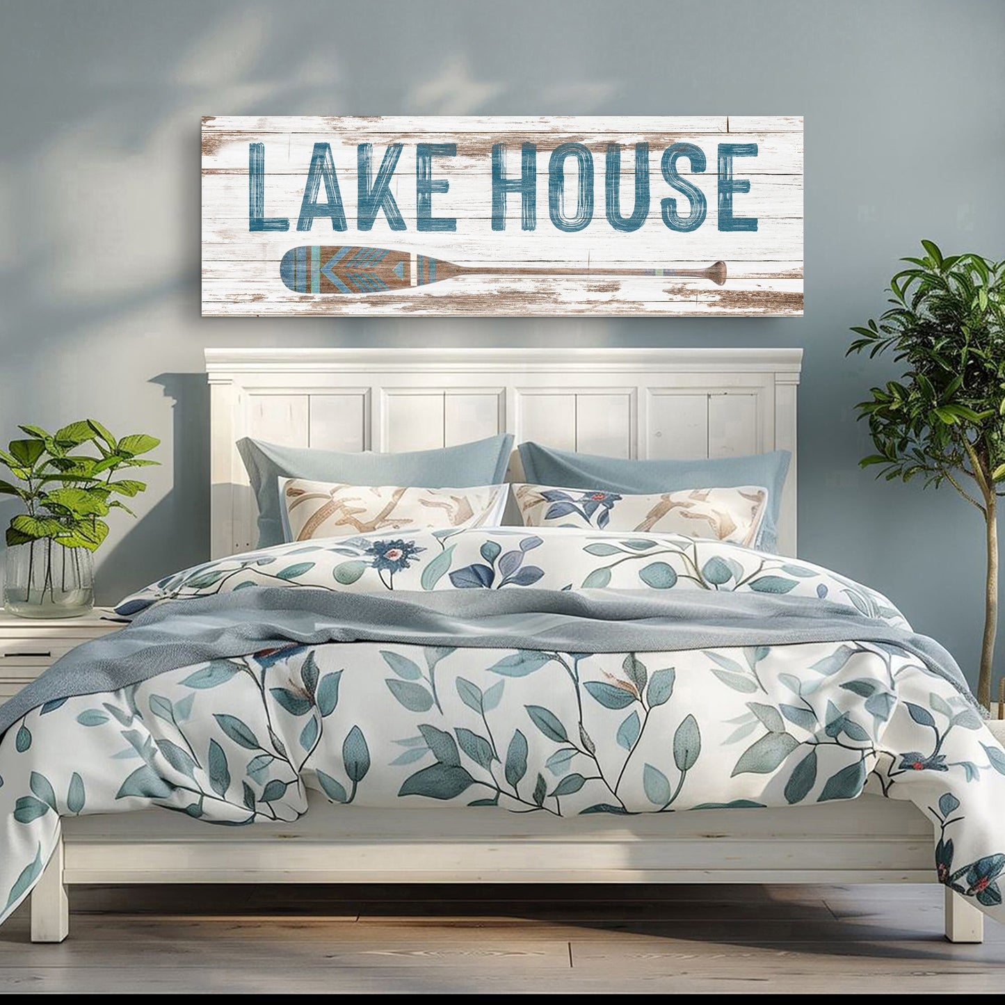 Lake House Coastal Sign II canvas sign with distressed white wood and blue paddle graphic on Tampa Home & Garden Store