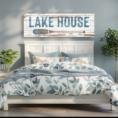 Lake House Coastal Sign II canvas sign with distressed white wood and blue paddle graphic on Tampa Home & Garden Store