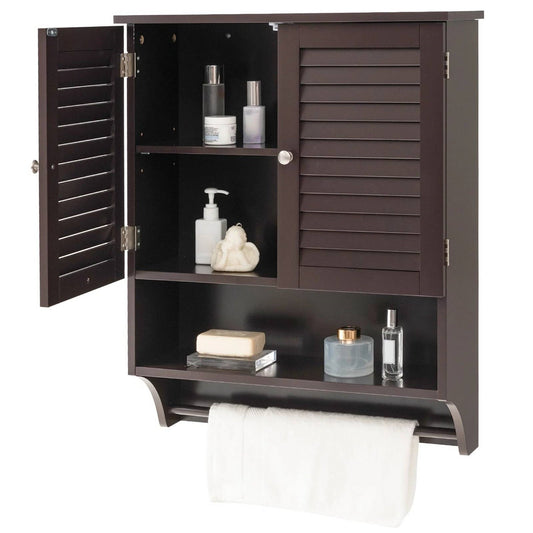 Brown Wall-Mounted Bathroom Medicine Cabinet with Louver Doors and Towel Bar - Tampa Home & Garden Store