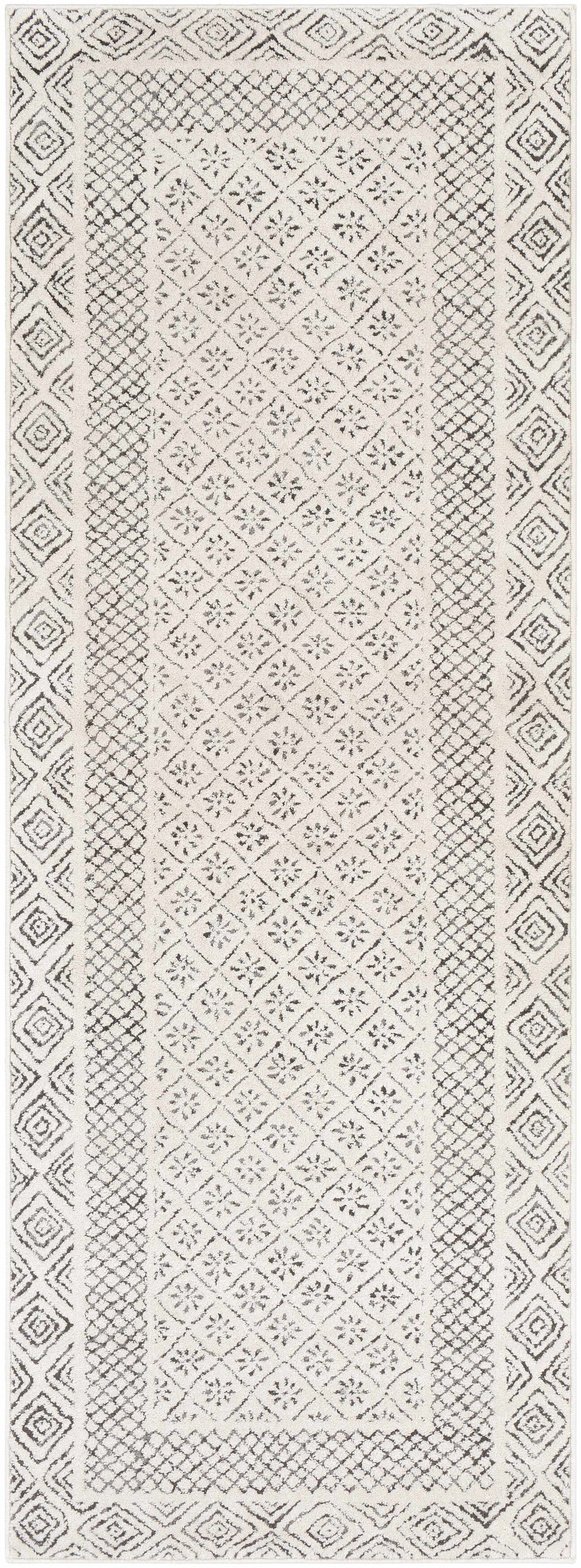 Burdette Soft Neutral Rug by Boutique Rugs, cream field with diamond lattice and floral motifs on Tampa Home & Garden Store