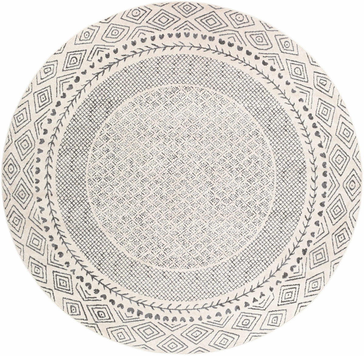 Burdette Soft Neutral Rug round rug with cream field and gray diamond border Boutique Rugs on Tampa Home & Garden Store