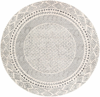 Burdette Soft Neutral Rug round rug with cream field and gray diamond border Boutique Rugs on Tampa Home & Garden Store