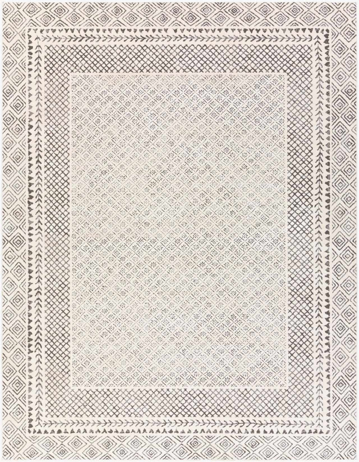 Burdette Soft Neutral Rug, Boutique Rugs, beige with diamond lattice center and border accents on Tampa Home & Garden Store