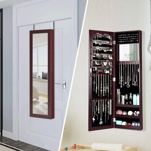 Organizador de joyas 2 en 1 con espejo de cuerpo entero para pared o puerta, color marrón oscuro