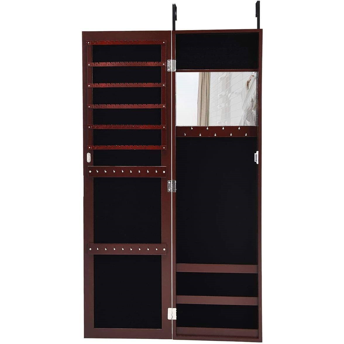 Organizador de joyas 2 en 1 con espejo de cuerpo entero para pared o puerta, color marrón oscuro