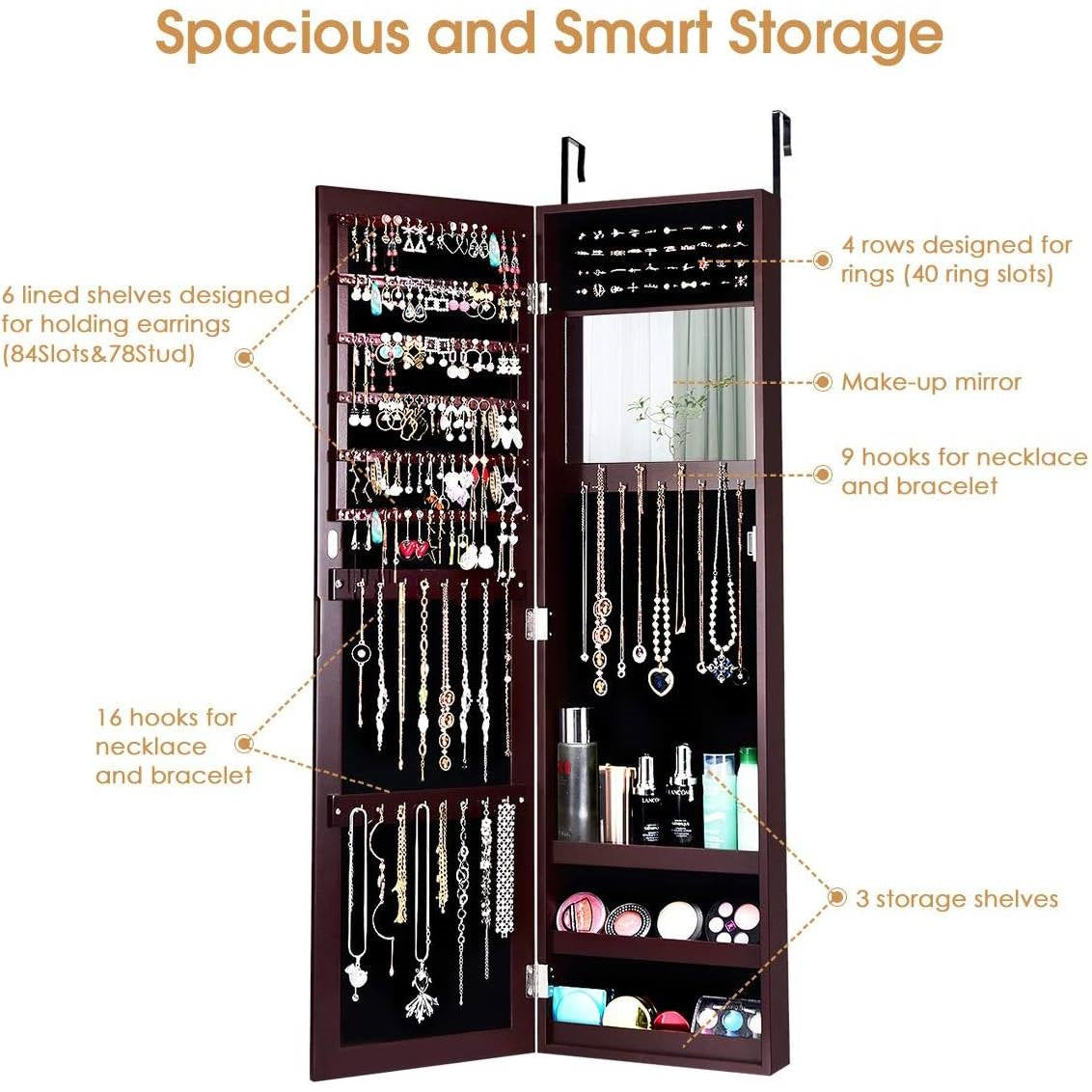 Organizador de joyas 2 en 1 con espejo de cuerpo entero para pared o puerta, color marrón oscuro