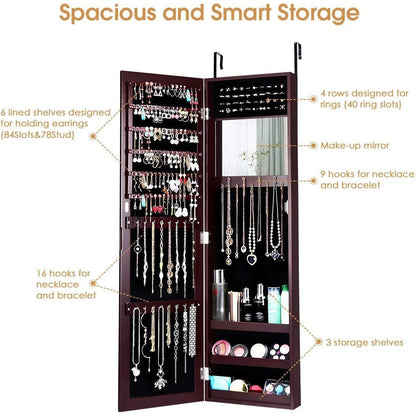 Organizador de joyas 2 en 1 con espejo de cuerpo entero para pared o puerta, color marrón oscuro