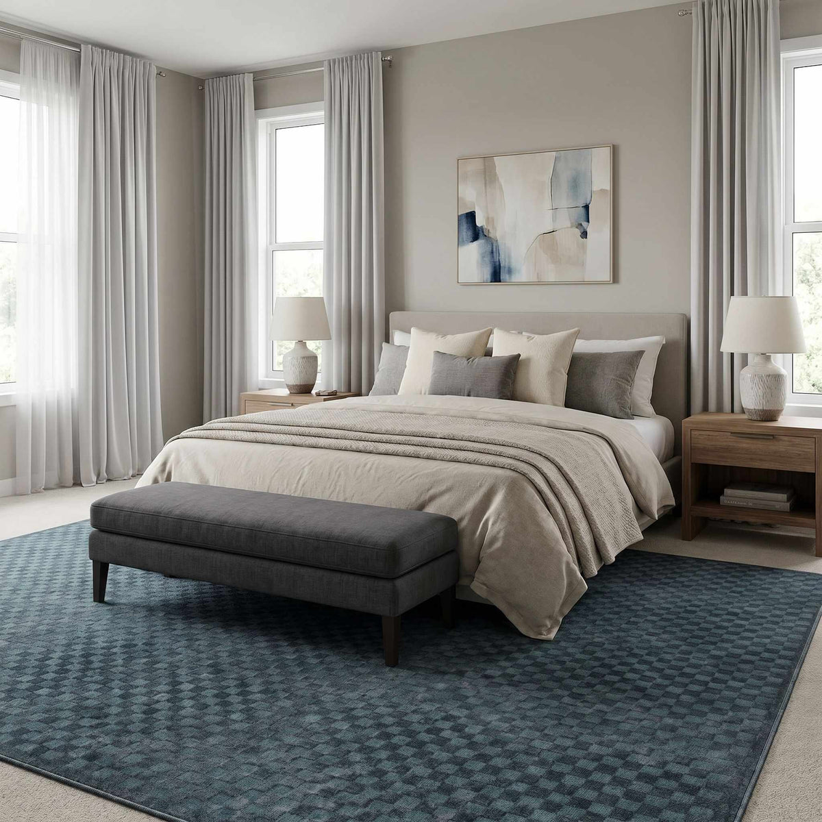 Gaiwan Oil Green washable area rug Boutique Rugs with dark geometric pattern under bed on Tampa Home & Garden Store