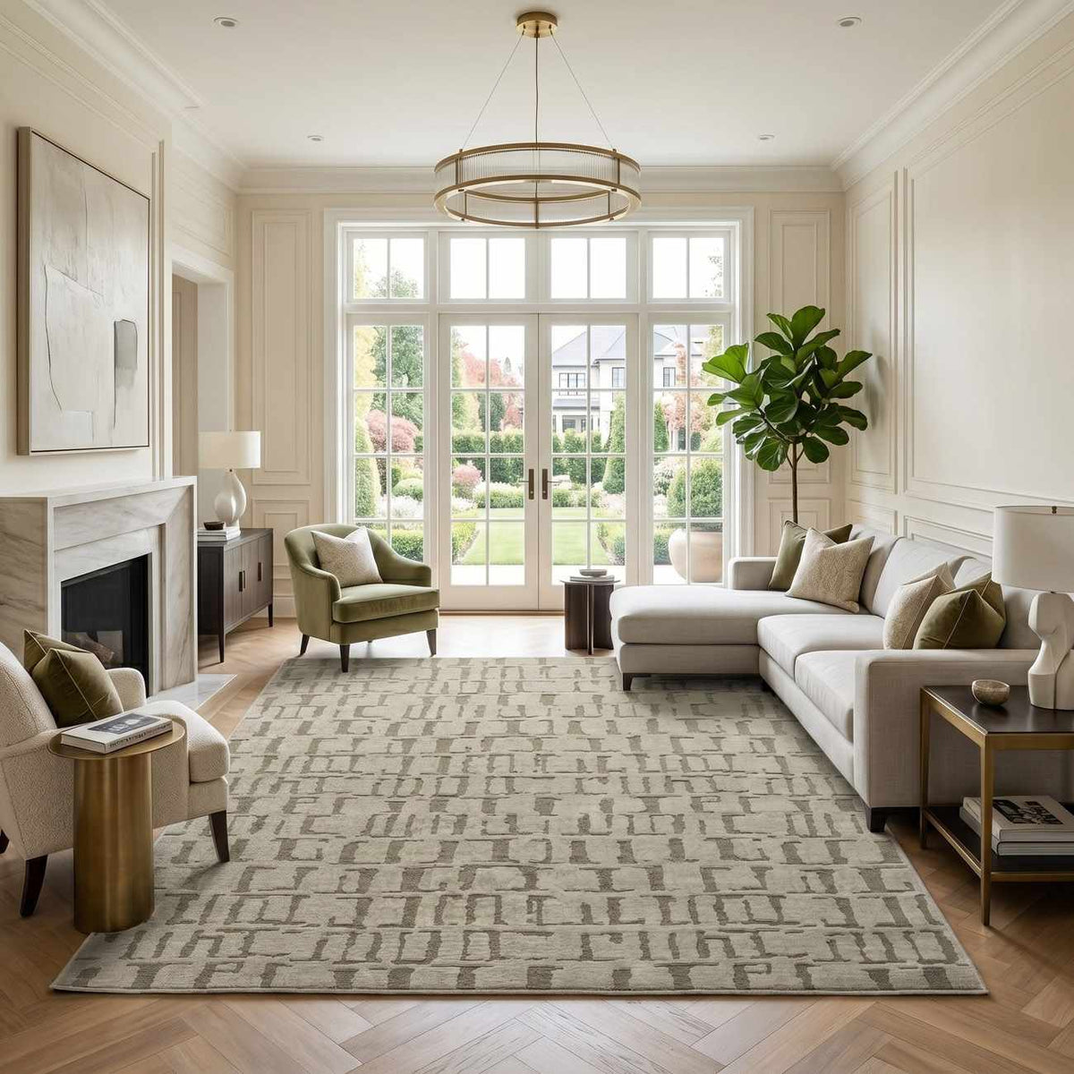 Dragan Green Modern Washable Area Rug in neutral beige with a geometric pattern Boutique Rugs on Tampa Home & Garden Store