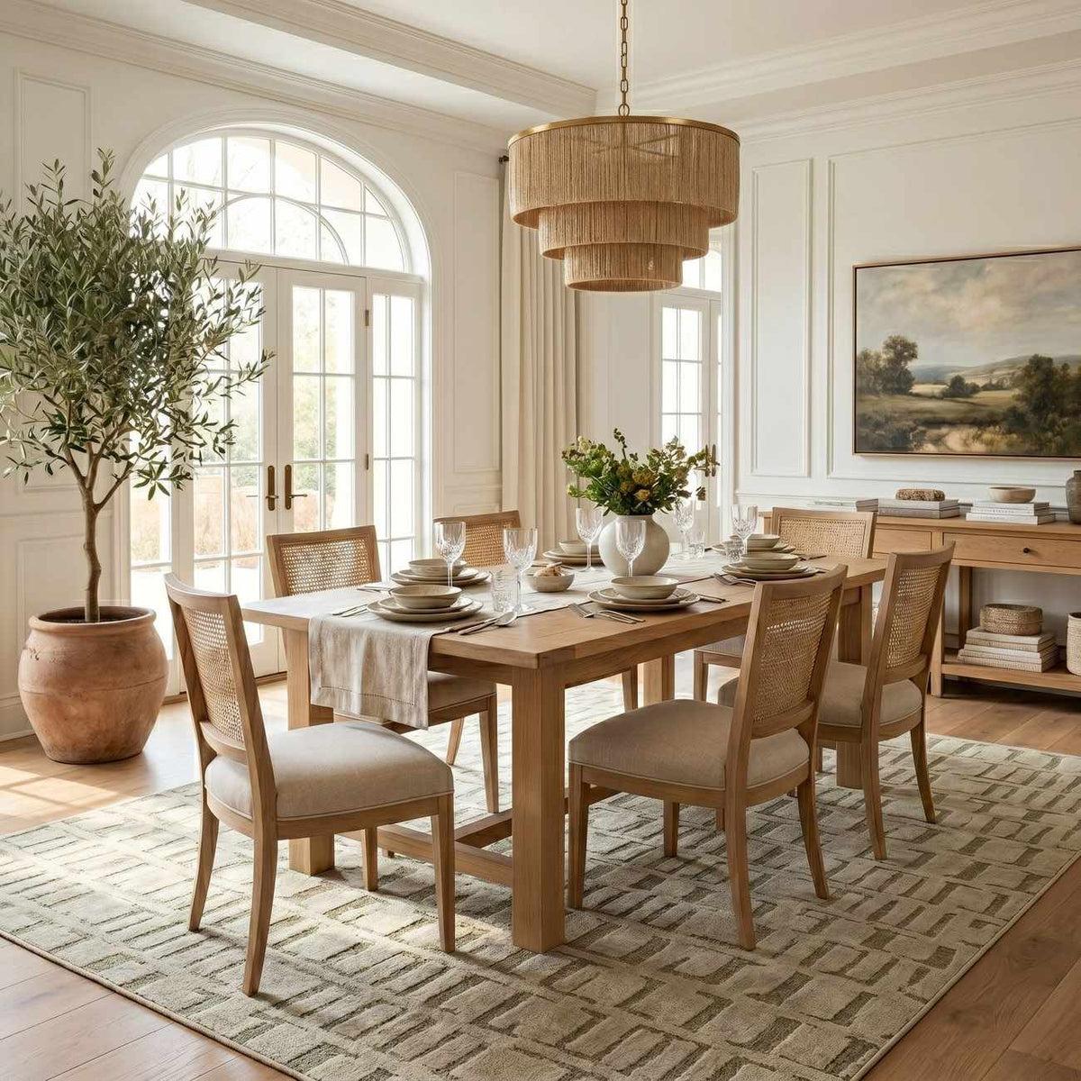Dragan Green Washable Area Rug, green beige geometric rug for dining room under wooden table on Tampa Home & Garden Store