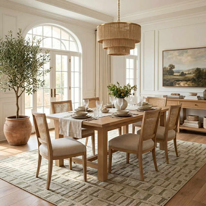 Dragan Green Washable Area Rug, green beige geometric rug for dining room under wooden table on Tampa Home & Garden Store