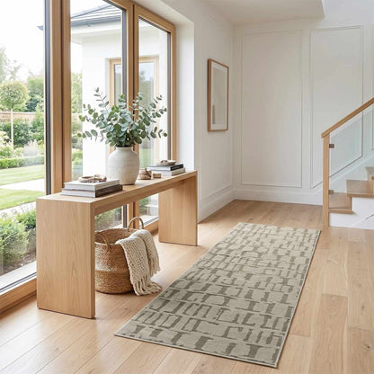 Dragan Green Modern Washable Area Rug by Boutique Rugs, gray geometric pattern in bright entry on Tampa Home & Garden Store