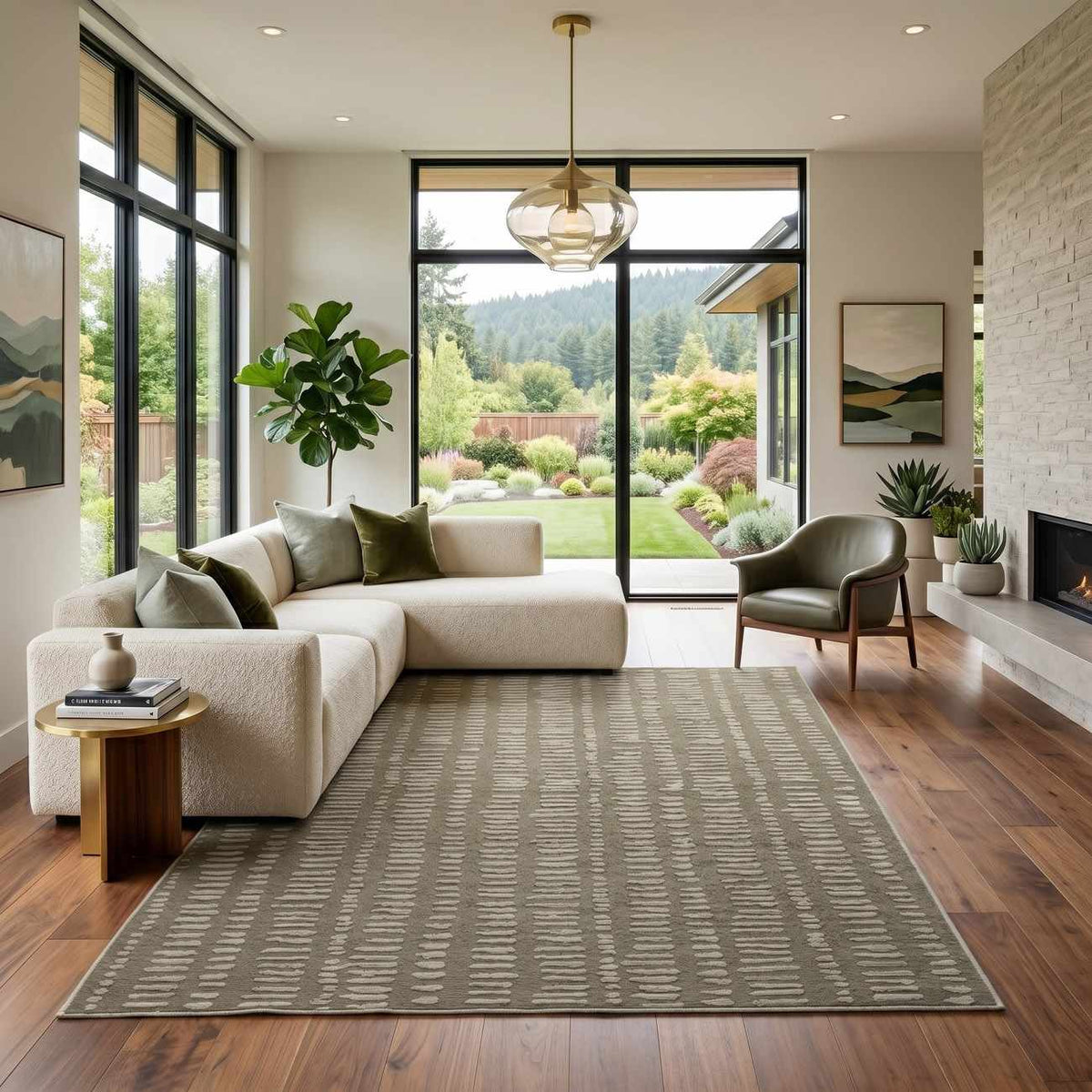 Dragos Green Modern Washable Area Rug with a grey and off-white pattern in a living room on Tampa Home & Garden Store