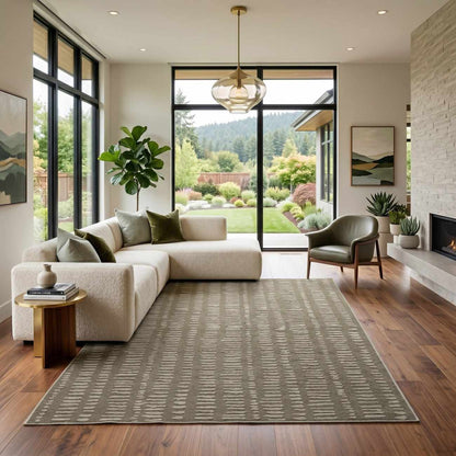 Dragos Green Modern Washable Area Rug with a grey and off-white pattern in a living room on Tampa Home & Garden Store
