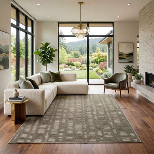Dragos Green Modern Washable Area Rug with a grey and off-white pattern in a living room on Tampa Home & Garden Store