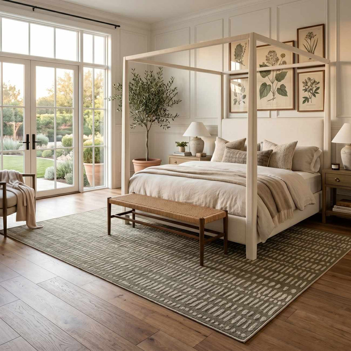 Dragos Green Modern Washable Area Rug under a white canopy bed in a serene beige bedroom on Tampa Home & Garden Store