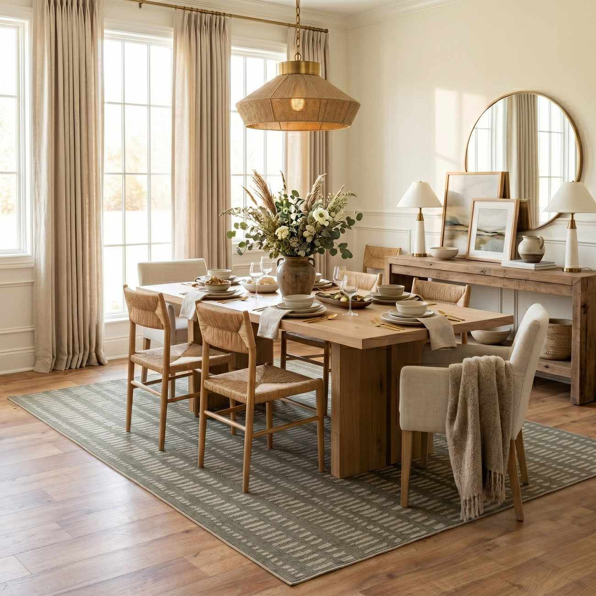 Dragos Green Modern Washable Area Rug by Boutique Rugs in green-gray under wooden dining table on Tampa Home & Garden Store