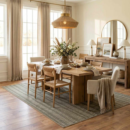 Dragos Green Modern Washable Area Rug by Boutique Rugs in green-gray under wooden dining table on Tampa Home & Garden Store