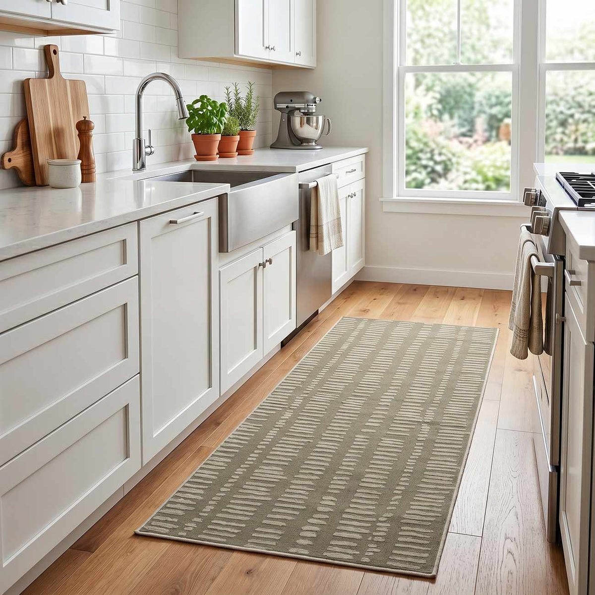 Dragos Green Modern Washable Area Rug by Boutique Rugs, gray geometric runner in kitchen on Tampa Home & Garden Store