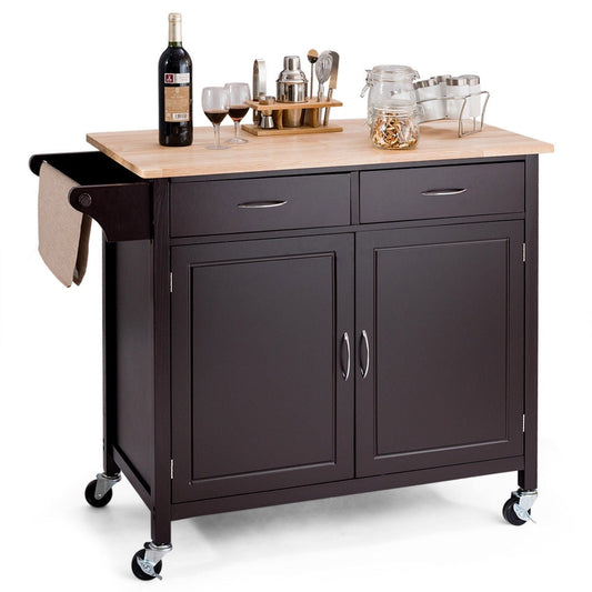 Carrito de almacenamiento de cocina marrón con parte superior de madera y ruedas