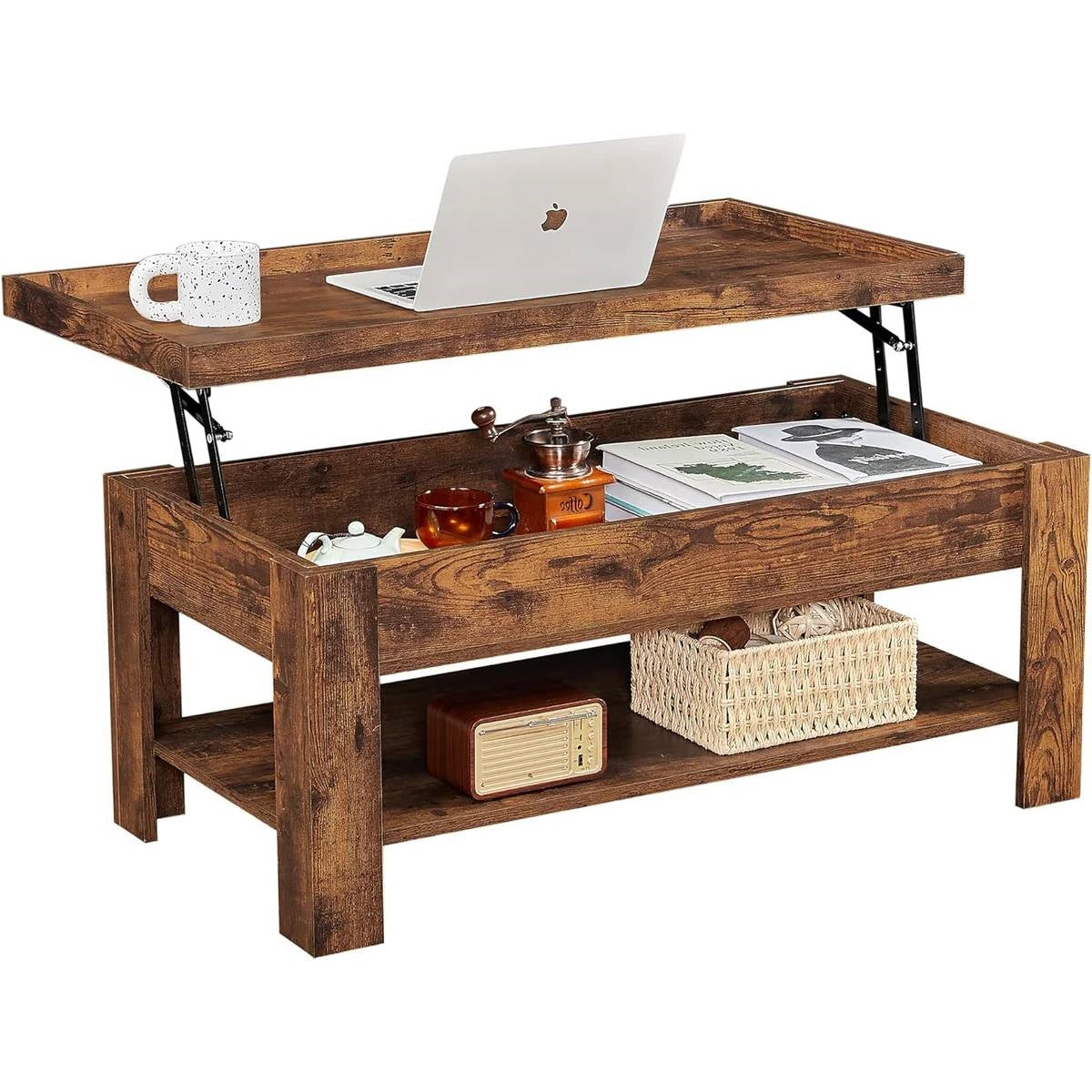 Mesa de centro elevable moderna con estante de almacenamiento en acabado de madera marrón