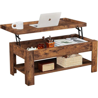 Mesa de centro elevable moderna con estante de almacenamiento en acabado de madera marrón