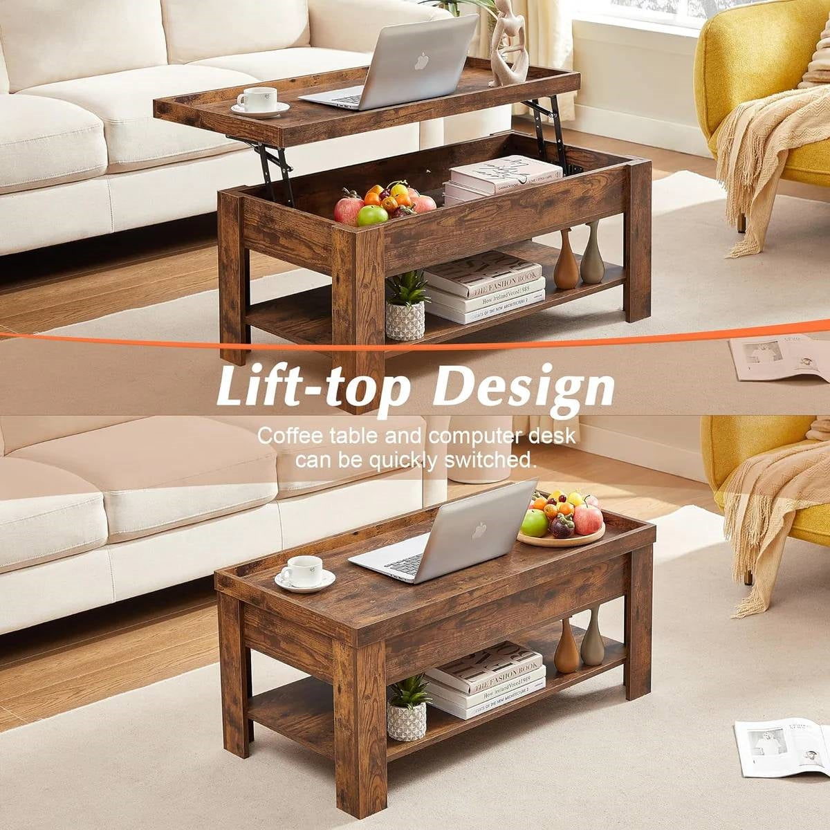 Mesa de centro elevable moderna con estante de almacenamiento en acabado de madera marrón
