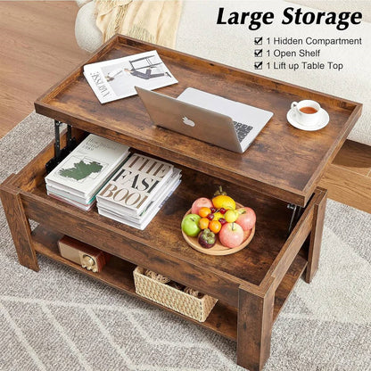 Mesa de centro elevable moderna con estante de almacenamiento en acabado de madera marrón