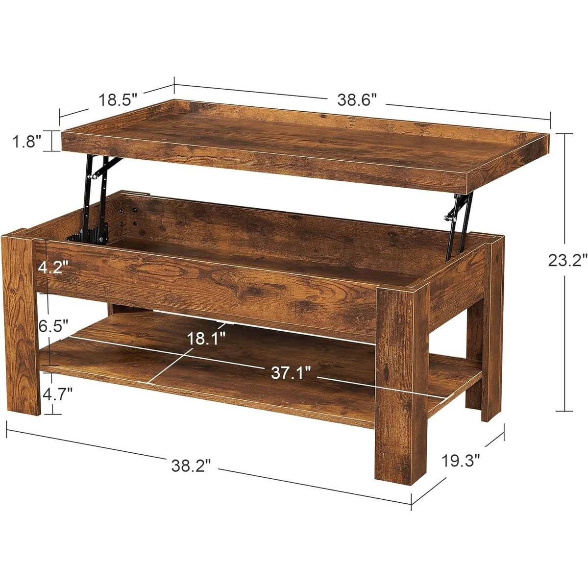 Mesa de centro elevable moderna con estante de almacenamiento en acabado de madera marrón