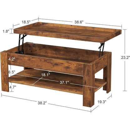 Mesa de centro elevable moderna con estante de almacenamiento en acabado de madera marrón