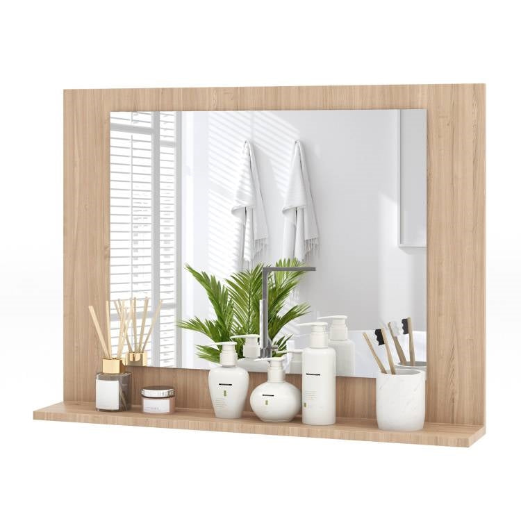 Espejo de baño de pared rectangular de 23 x 17 pulgadas con estante, acabado de madera marrón