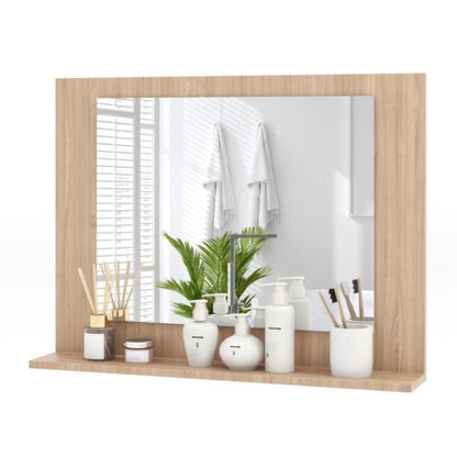 Espejo de baño de pared rectangular de 23 x 17 pulgadas con estante, acabado de madera marrón