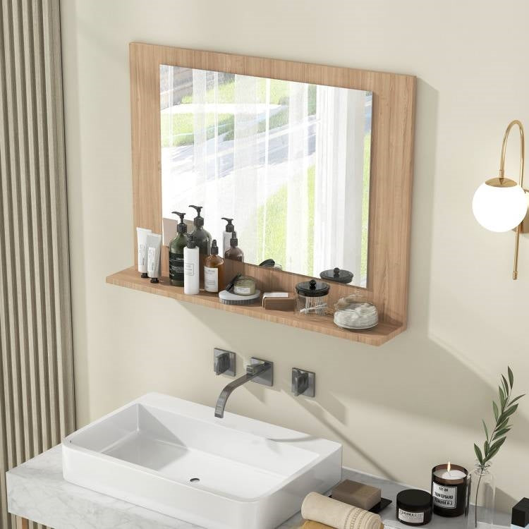 Espejo de baño de pared rectangular de 23 x 17 pulgadas con estante, acabado de madera marrón