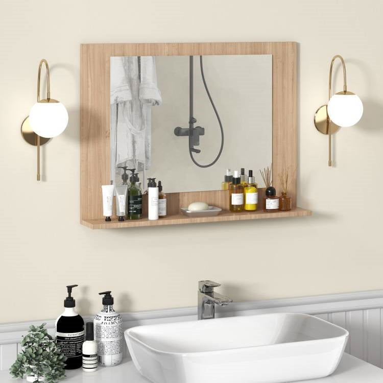 Espejo de baño de pared rectangular de 23 x 17 pulgadas con estante, acabado de madera marrón