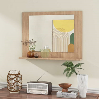 Espejo de baño de pared rectangular de 23 x 17 pulgadas con estante, acabado de madera marrón