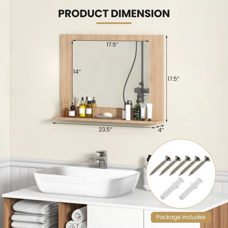 Espejo de baño de pared rectangular de 23 x 17 pulgadas con estante, acabado de madera marrón