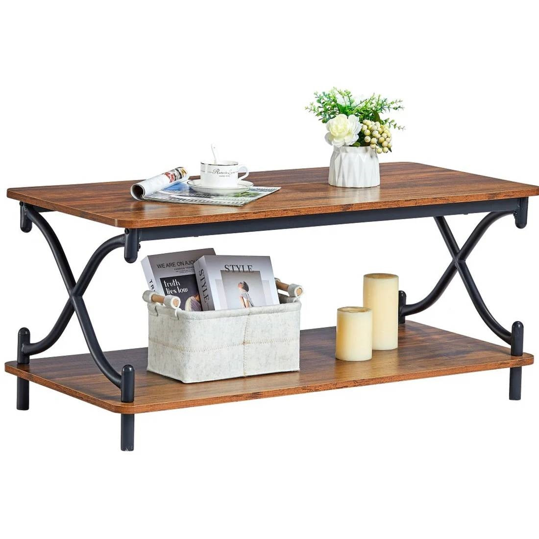 Mesa de centro moderna industrial de metal negro y madera marrón con estante de almacenamiento inferior