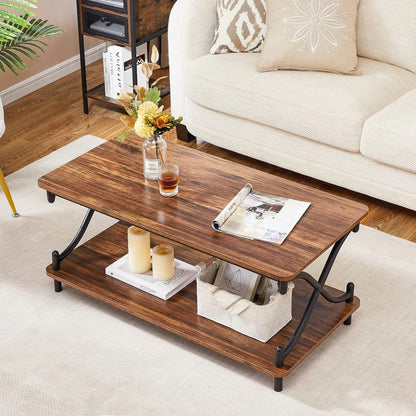 Mesa de centro moderna industrial de metal negro y madera marrón con estante de almacenamiento inferior