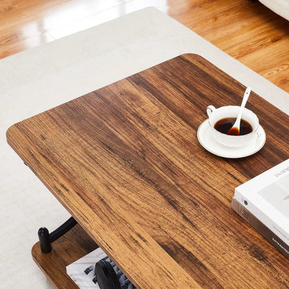 Mesa de centro moderna industrial de metal negro y madera marrón con estante de almacenamiento inferior