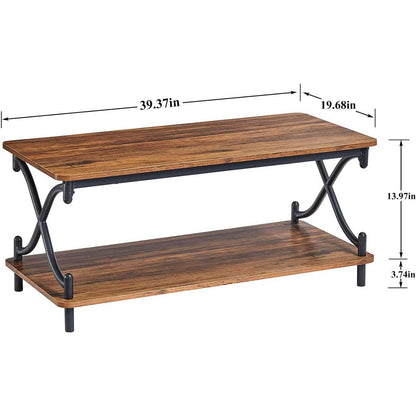 Mesa de centro moderna industrial de metal negro y madera marrón con estante de almacenamiento inferior
