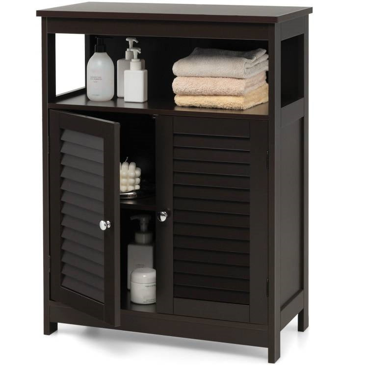 Armario para ropa de baño rústico marrón con puertas de celosía y estante abierto