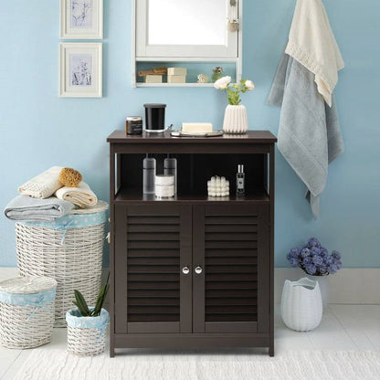 Armario para ropa de baño rústico marrón con puertas de celosía y estante abierto