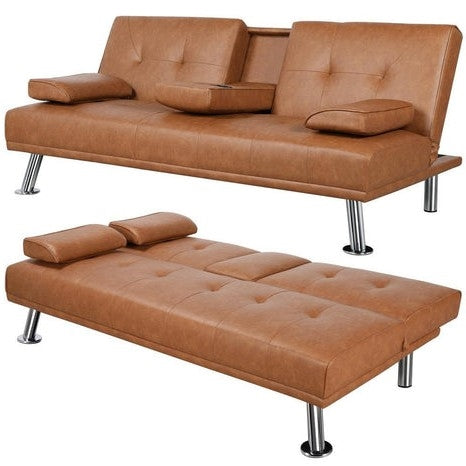 Brown Modern Faux Leather Cup Holders Convertible Sofa Bed Futon Sleeper - Tampa Home & Garden Store