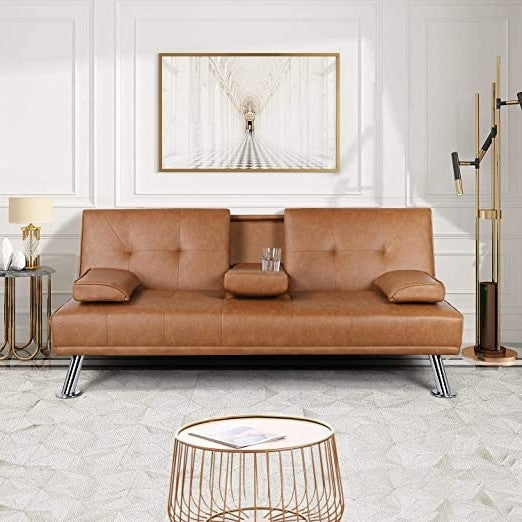 Brown Modern Faux Leather Cup Holders Convertible Sofa Bed Futon Sleeper - Tampa Home & Garden Store