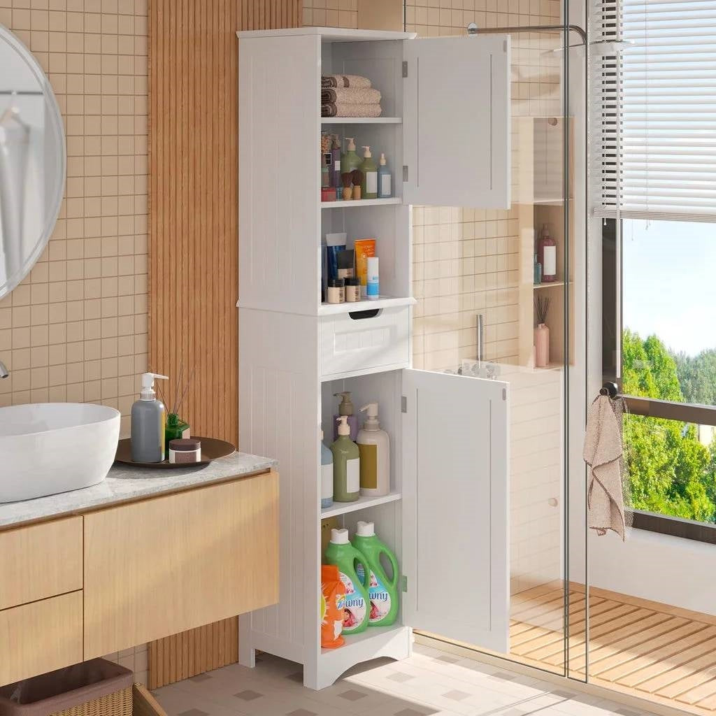 Mueble de baño tipo torre blanco con 2 puertas, cajón de almacenamiento y estante