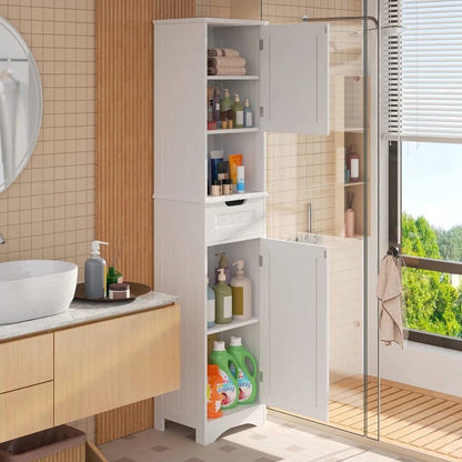 Mueble de baño tipo torre blanco con 2 puertas, cajón de almacenamiento y estante