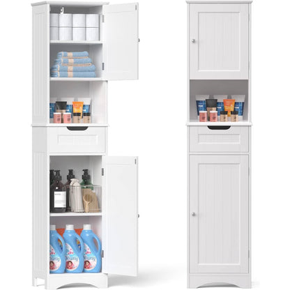 Mueble de baño tipo torre blanco con 2 puertas, cajón de almacenamiento y estante