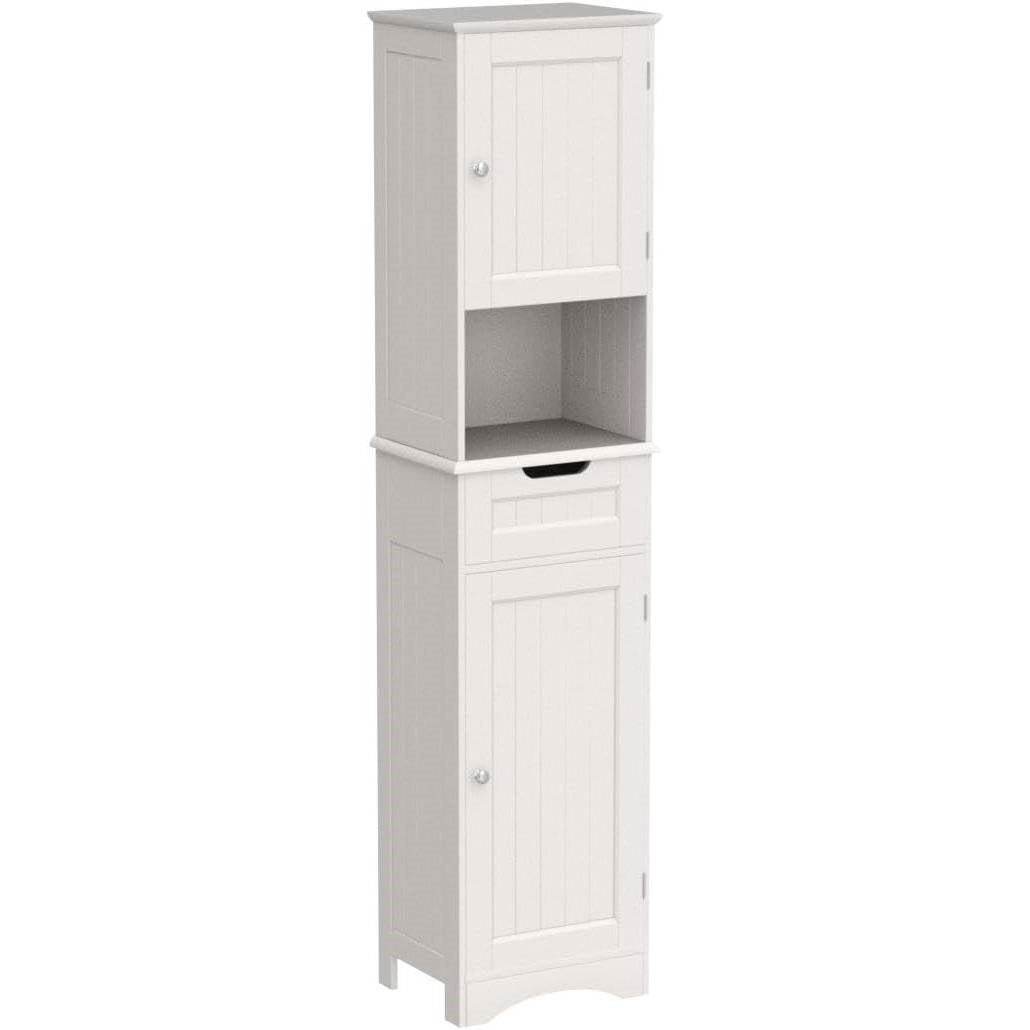 Mueble de baño tipo torre blanco con 2 puertas, cajón de almacenamiento y estante