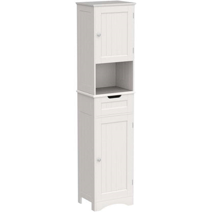 Mueble de baño tipo torre blanco con 2 puertas, cajón de almacenamiento y estante