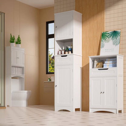 Mueble de baño tipo torre blanco con 2 puertas, cajón de almacenamiento y estante
